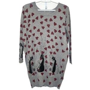 Whimsical Cat Sweater Red Hearts Tunic Gray Cozy Knit Small